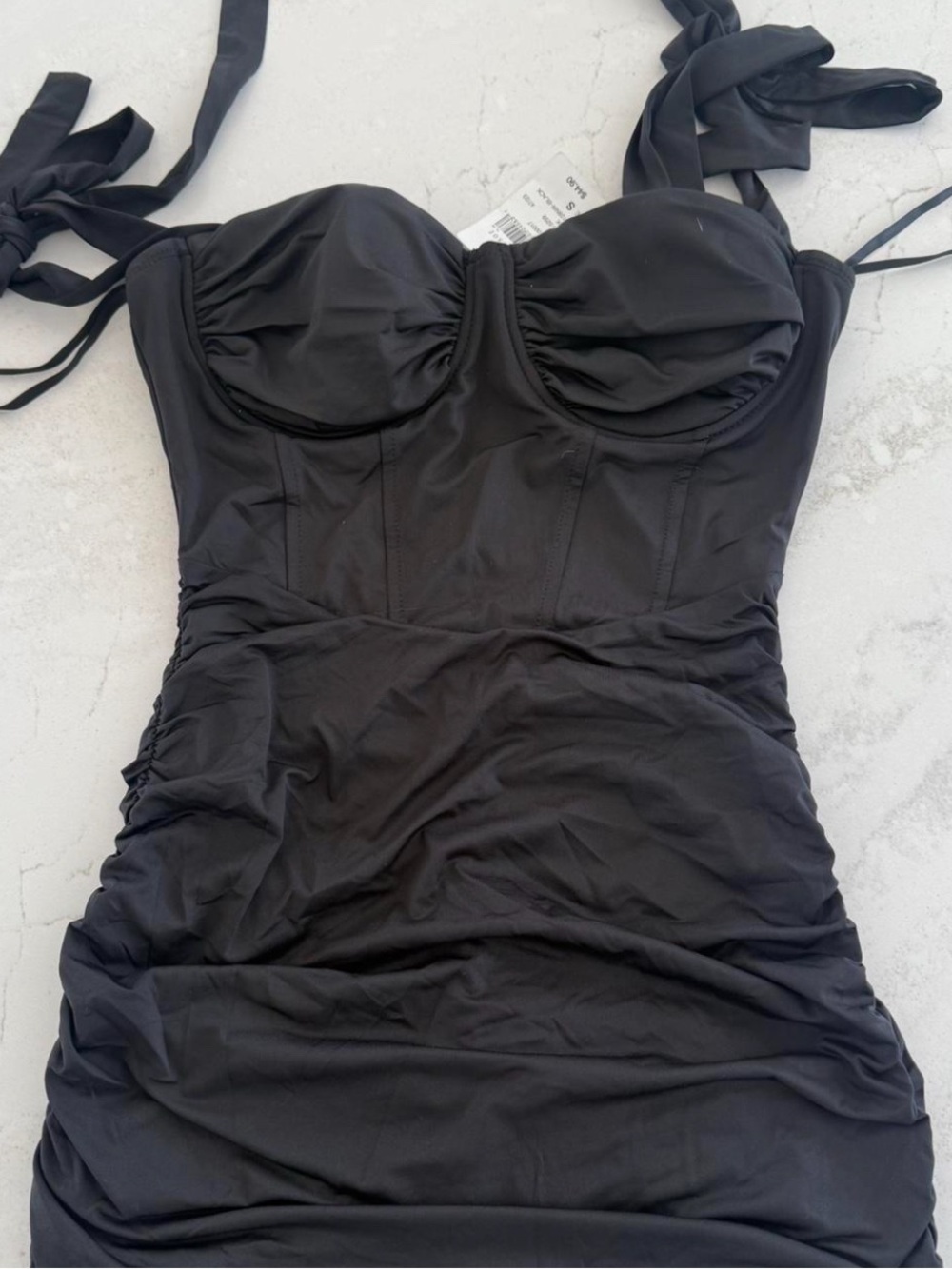 Windsor Black Ruched Mini Dress with Tie Straps